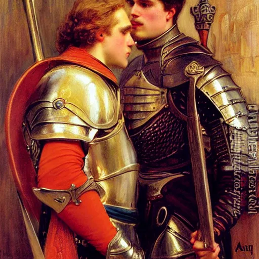 Image similar to attractive fully clothed arthur pendragon confesses his love for his attractive fully clothed male knight. highly detailed painting by gaston bussiere and j. c. leyendecker 8 k