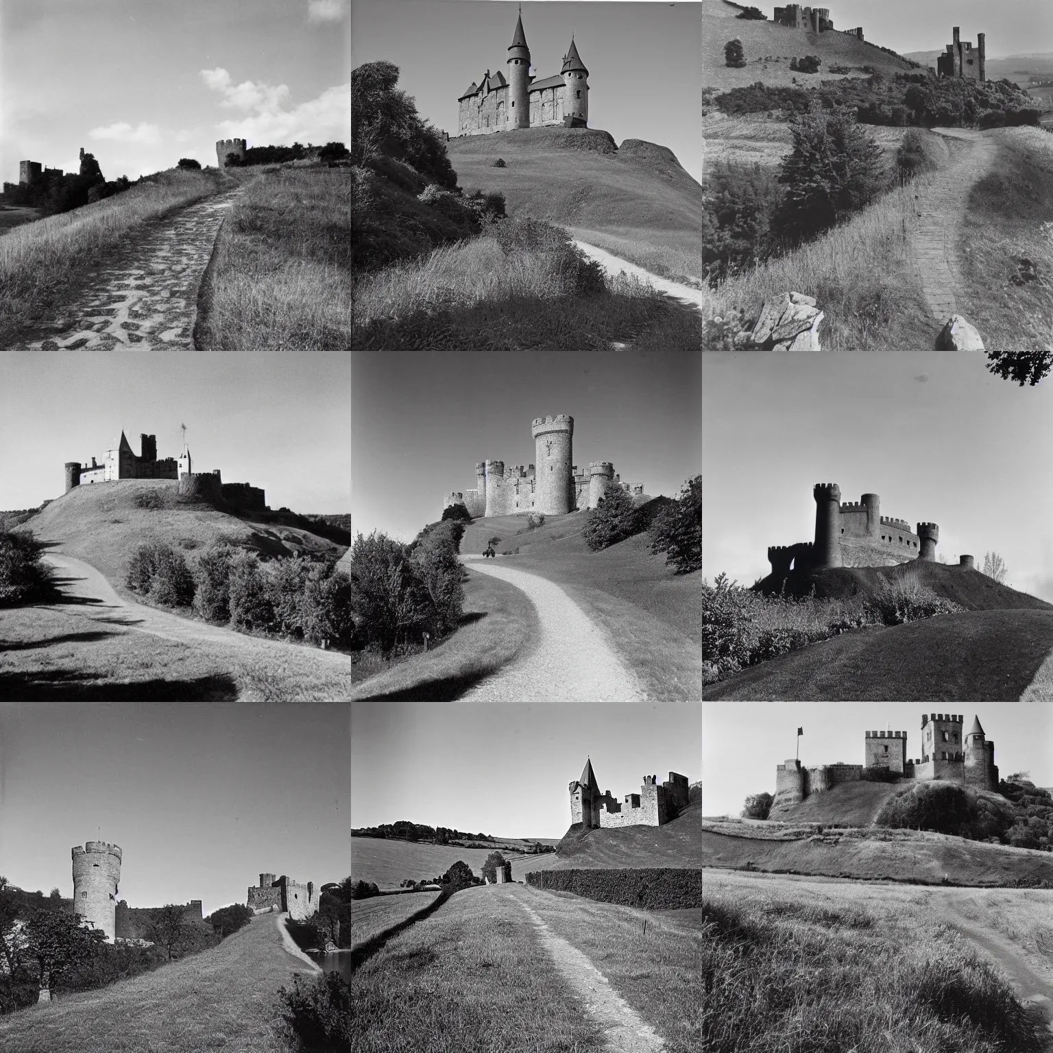 Prompt: 1 9 5 0 s photograph, a hilly landscape with castle and path