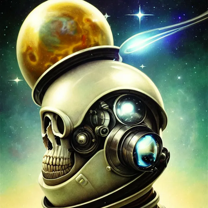 Image similar to ultra realistic retro futuristic astronaut skull helmet, deep space, lens flare, diffuse lighting, fantasy, intricate, elegant, highly detailed, lifelike, photorealistic, digital painting, artstation, illustration, concept art, smooth, sharp focus, art by John Collier and Albert Aublet and Krenz Cushart and Artem Demura and Alphonse Mucha