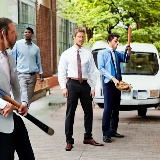 Image similar to three men in business casual outfits beating the shit out of a printer with a baseball bat, movie still, outside, sunny day