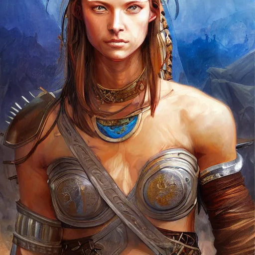 Image similar to highly detailed painting of a warrior goddess with tan skin, blue eyes, and brown hair high fantasy art by jon foster trending on arstation