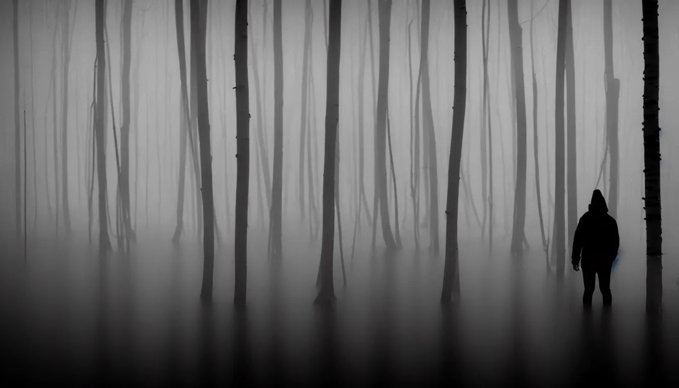 Image similar to silhouette of a person inspecting flood foggy thin birch swamp, scary, dark, atmospheric, ambient vibe, very detailed, 8 k