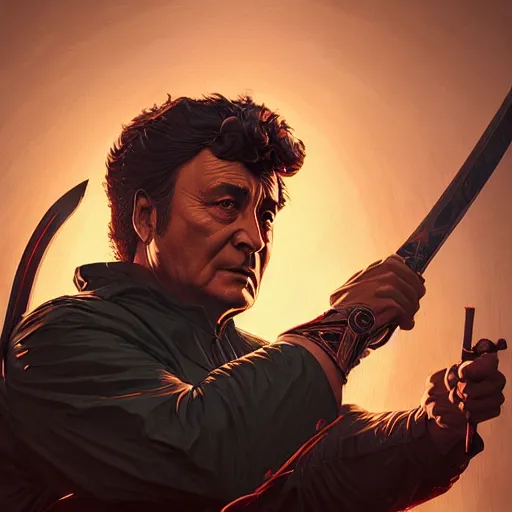 Prompt: columbo with sword and shield, intricate artwork by artgerm, greg rutkowski, and kilian eng, symmetrical digital illustration, hyper detailed, super sharp, crisp, smooth, vibrant colors smooth gradients, depth of field, aperture f 1. 2