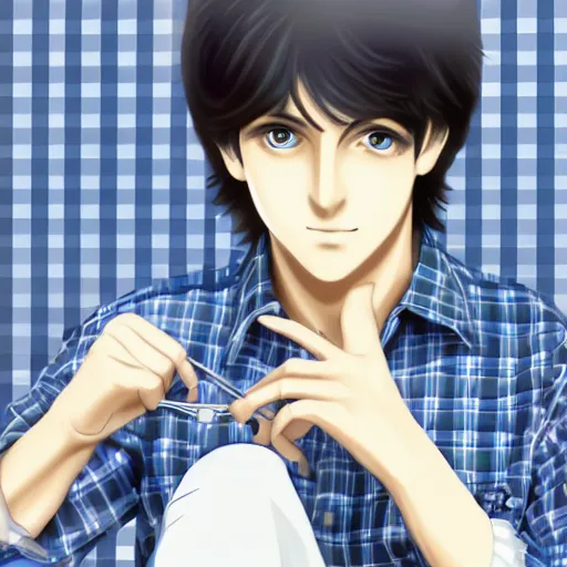 Image similar to close up anime illustration of young Paul McCartney from the Beatles, wearing a blue and white check shirt, silver sports watch, outdoors in Singapore, ufotable