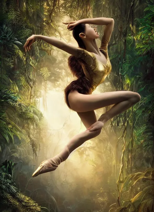 Image similar to stunningly beautiful, asian prima ballerina in jungle, symmetrical face, golden hour, smooth, focus, highly detailed, hyper realistic, dramatic lighting, elegant, intricate, concept art, art by wlop, mars ravelo, greg rutowski