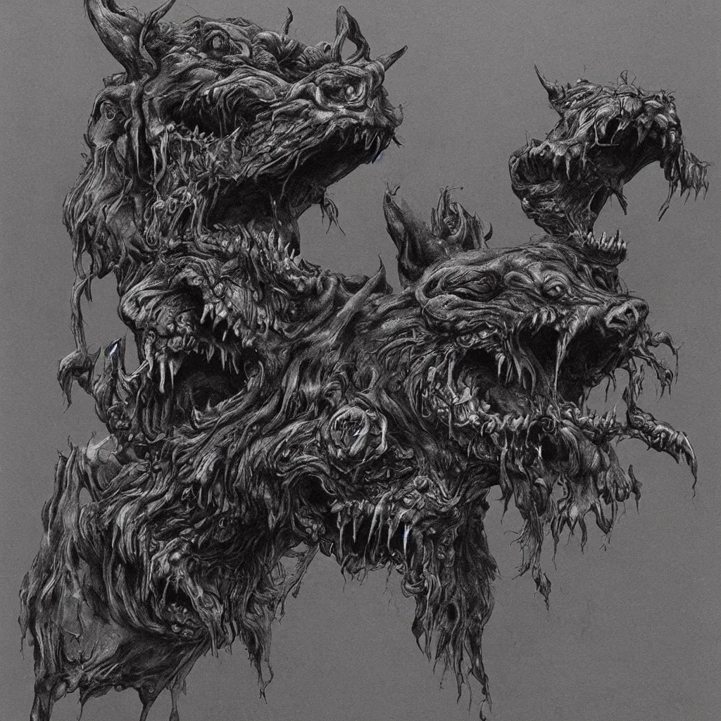 Image similar to horrifying and demonic dog with fangs, in the style of zdislaw beksinski