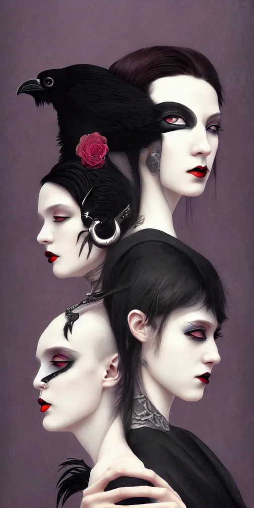 Image similar to breathtaking detailed concept art painting art deco portrait of goth couple amalgamation raven, by hsiao - ron cheng, bizarre compositions, exquisite detail, extremely moody lighting, 8 k