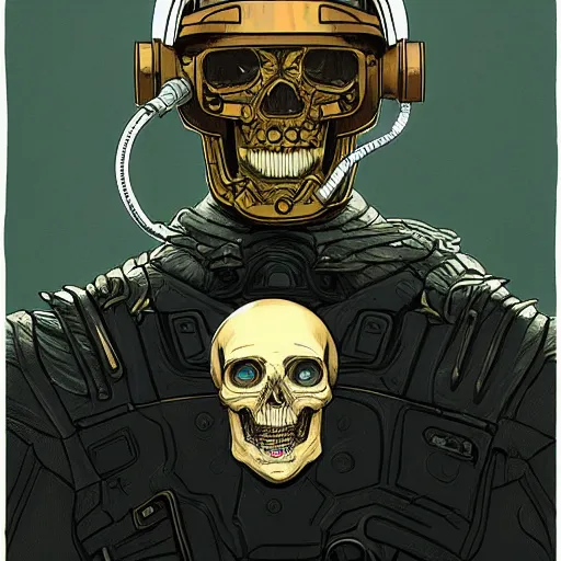 Image similar to !dream portrait of a dead cyberpunk space pirate in concept armor with golden cyborg skull in a futuristic prototype oxygen intake helmet by Abigail Larson + Alan Lee + Audrey Kawasaki + Giovanni-Piranesi + Winsor-McCay + Howard-Pyle, headshot, 8k vhs glitch, cinematic, sharp focus, smooth, sense of awe