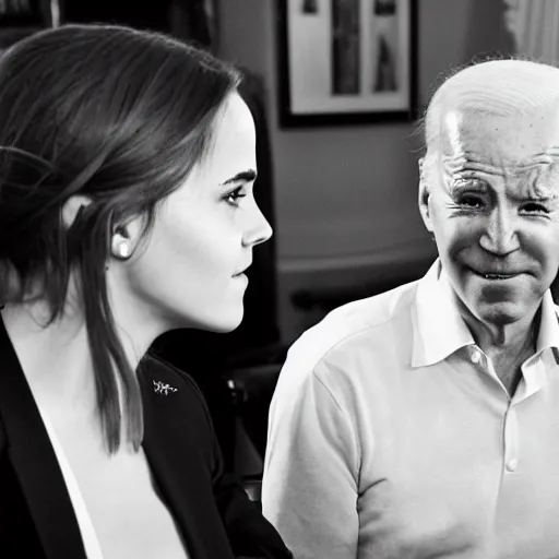 Prompt: emma watson face to face with president joe biden, nikon 3 5 mm, photograph