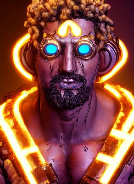 Image similar to glowwave portrait of curly hair muscular man from borderlands 3, au naturel, hyper detailed, digital art, trending in artstation, cinematic lighting, studio quality, smooth render, unreal engine 5 rendered, octane rendered, art style by klimt and nixeu and ian sprigger and wlop and krenz cushart.