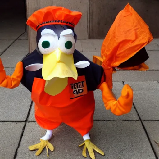 Image similar to chicken dressed as an inmate