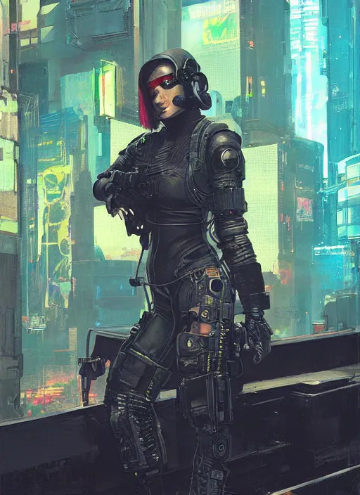 Image similar to Ela. Cyberpunk mercenary in tactical gear infiltrating corporate mainframe. rb6s, (Cyberpunk 2077), blade runner 2049, (matrix) Concept art by James Gurney, Craig Mullins and Alphonso Mucha. painting with Vivid color.