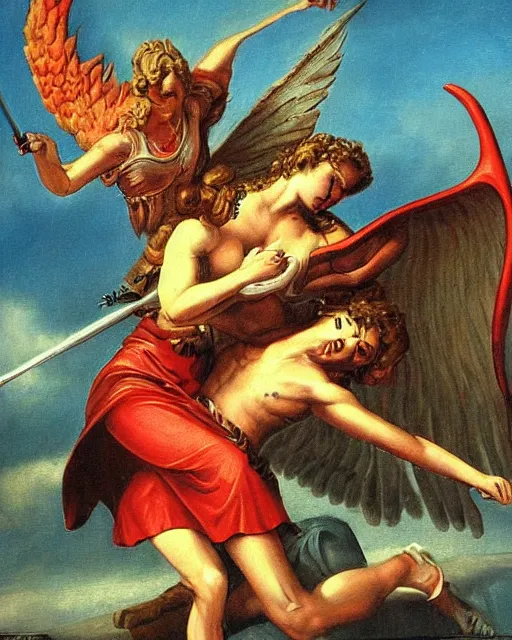 Image similar to devil fights angel, high detail, extremely detailed, very sharp, in the style of jost amman,