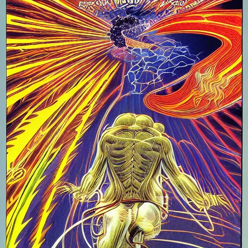 Image similar to random dreams of a mersenne twister, manga comic book cover, action, explosions, by alex grey