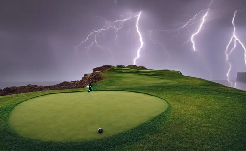 Image similar to a great photograph of the most amazing golf hole in the world, rainy day during lightning storm, cliffs by the sea, perfect green fairway, human perspective, ambient light, 5 0 mm, golf digest, top 1 0 0, fog