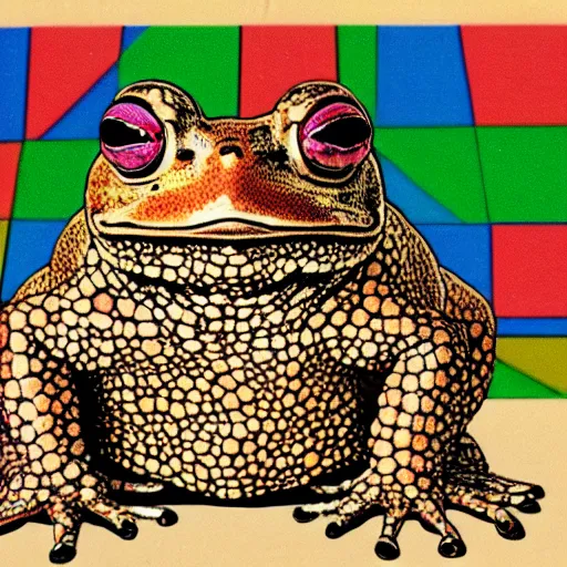 Image similar to a multicolored toad looking at a 1980s computer