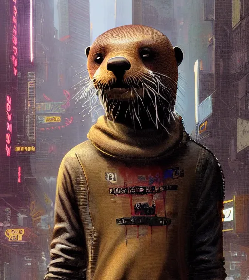 Prompt: new york city portrait of furry anthro anthropomorphic river otter head animal person fursona wearing clothes strange cybernetic muzzle gloomy rainy screenshot from the video game cyberpunk 2077 digital art by Greg Rutkowski, Simon Stalenhag, christopher nolan trending on Artstation, CGSociety