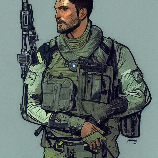 Image similar to Hector. Handsome USN special forces recon operator in near future gear, cybernetic enhancment, on patrol in the Australian neutral zone, 22 years after the Helvetica Event. 2087. Concept art by James Gurney and Alphonso Mucha