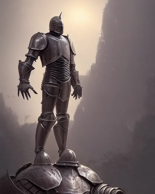 Prompt: statue knight, chrome reflect, calming, uplifting mood, ultra realistic, funny, small buildings, highly detailed, epic lighting, illuminated, cinematic, art by eddie mendoza