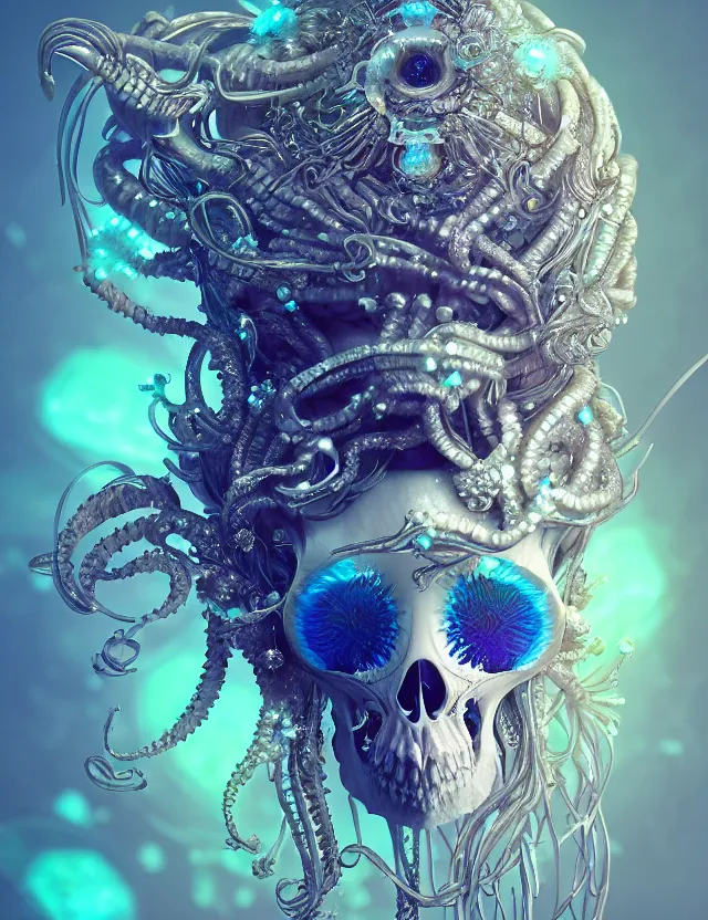 Prompt: goddess macro close - up portrait in crown made of ram skull. betta fish, jellyfish phoenix, bioluminiscent, plasma, ice, water, wind, creature, super intricate ornaments artwork by tooth wu and wlop and beeple and greg rutkowski