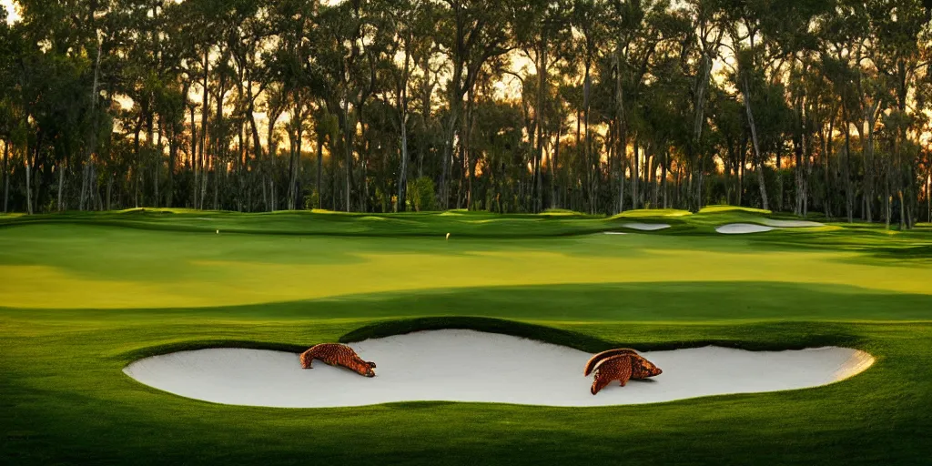 Image similar to a great photograph of the most amazing golf hole in the world, covered with aligators, beautiful ambient light, golf digest, top 1 0 0,
