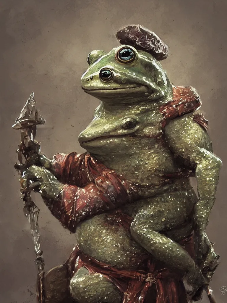 Image similar to Portrait of a medieval humanoid frog dressed like a wizard and carrying magic trinkets, painted by Craig Mullins, trending on ArtStation