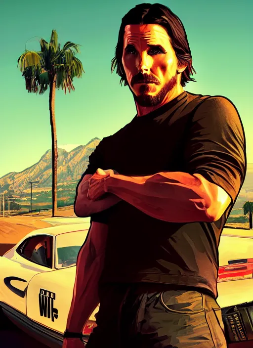 Image similar to portrait of Christian Bale in the style of GTA 5 cover, cinematic lighting + masterpiece, trending on artstation