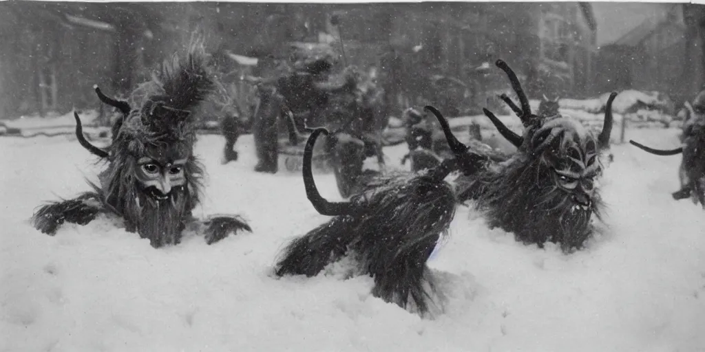 Image similar to 1 9 2 0 s photography of krampus hay monsters submerged in snow