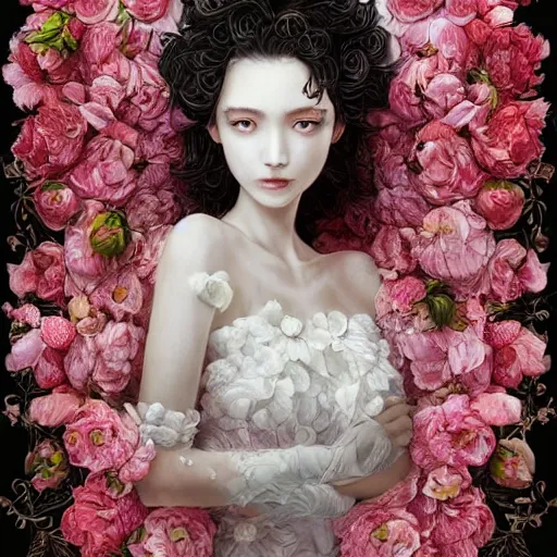 Prompt: the portrait of an absurdly beautiful, graceful, elegant, sophisticated, fashionable young idol made of strawberries and white petals with tears, an ultrafine hyperdetailed illustration by kim jung gi, irakli nadar, intricate linework, bright colors, octopath traveler, final fantasy, unreal engine 5 highly rendered, global illumination, radiant light, detailed and intricate environment