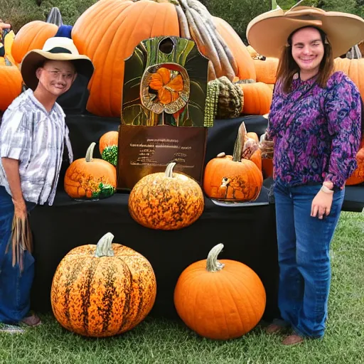 Prompt: award winning pumpkins, photography, ag fair, symmetrical, huge