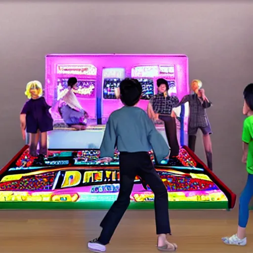 Image similar to a ddr machine with people playing it in the year 1 9 9 9 in japan, photorealistic, ultra realistic, hd, 8 k