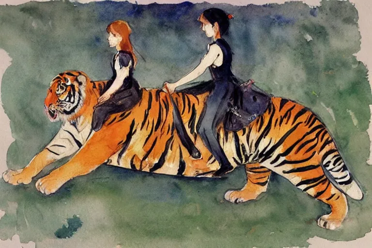 Prompt: girl riding a tiger, art, minimalistic painting, watercolor on paper, high quality, by Berthe Morisot, trending on artstation