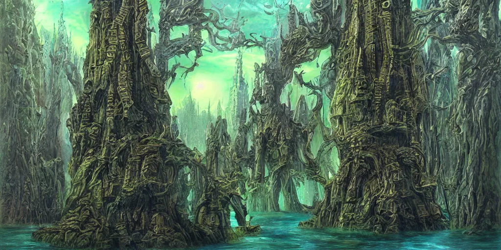 Prompt: side tower on dark evil malachite stronghold, towering under outer world forrest, rivers and lakes, art by Dmitry Dubinsky, masterpiece