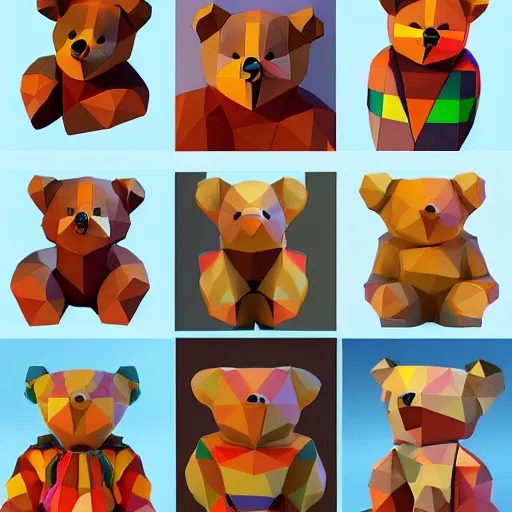 Prompt: lowpoly style cubist cute teddy bears