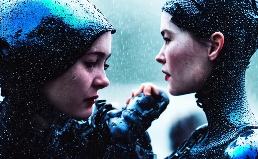 Image similar to cinestill 5 0 d candid photographic portrait by christopher nolan of two loving female androids sobbing wearing rugged black mesh techwear in treacherous waters, extreme closeup, modern cyberpunk moody emotional cinematic, pouring iridescent rain bright spotlight, 8 k, hd, high resolution, 3 5 mm, f / 3 2, ultra realistic faces, ex machina