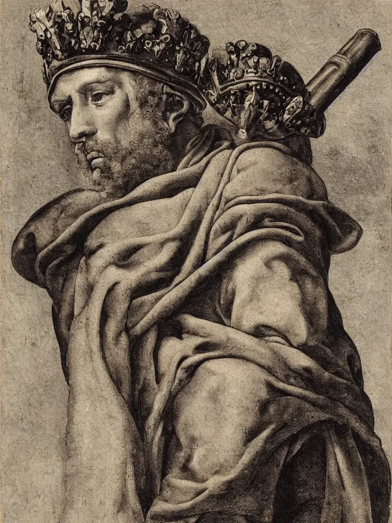 Image similar to portrait of a soldier wearing a crown by michelangelo