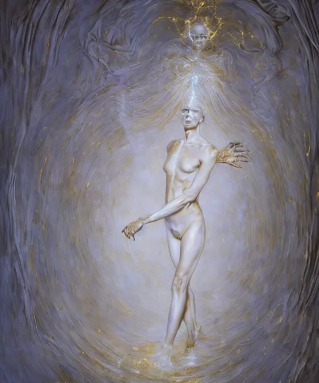 Image similar to Beautiful full-body wax sculpture of glowing transparent woman with visible gold bones covered with melted white wax inside the singularity where stars becoming baroque folds of dark matter by Michelangelo da Caravaggio, Nicola Samori, William Blake, Alex Grey and Beksinski, dramatic volumetric lighting, highly detailed oil painting, 8k, masterpiece