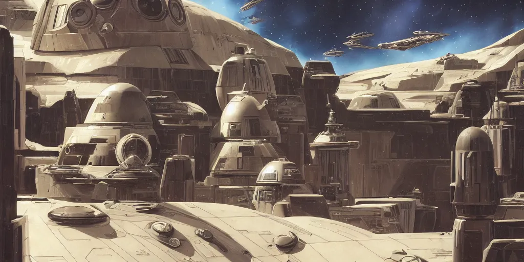 Prompt: star wars mandalorian environment by aaron horkry and ralph mcquarrie