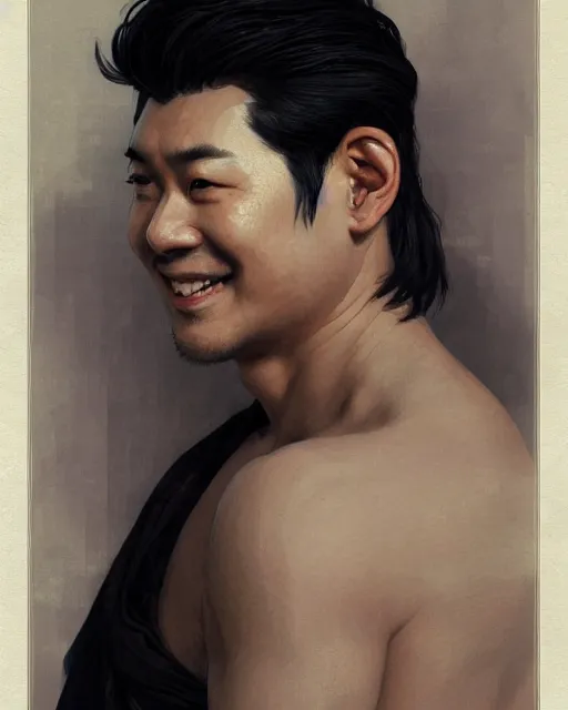 Prompt: A pregnant Asian man with closed eyes smiling, very detailed sharp angular pale masculine face, square jaw, wavy hair, black hair, gorgeous, beautiful, intricate, highly detailed, digital painting, artstation, concept art, sharp focus, illustration, art by Greg Rutkowski and Alphonse Mucha