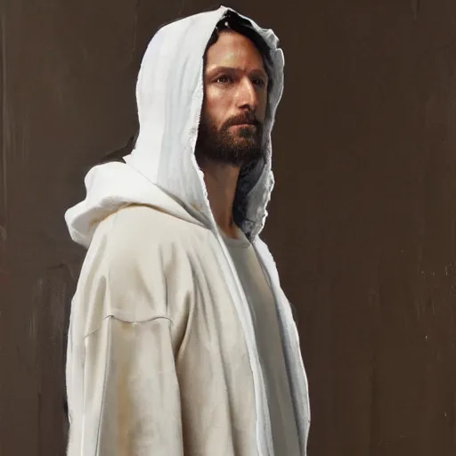 Prompt: a full body portrait of modern day jesus wearing cream yeezy menswear collection by nicola samori, hat and hoodie, detailed, oil painting, hyper realistic, 8 k, yeezy collection