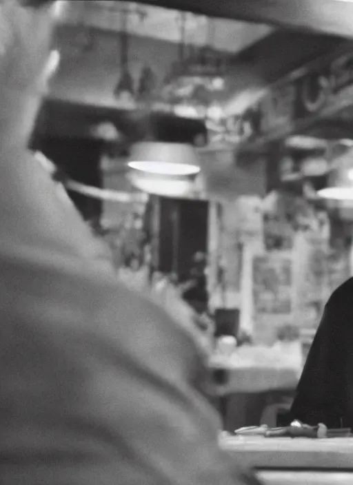 Image similar to a close - up, color cinema film still of a johnny cash talking to a beautiful waitress at hooters, ambient lighting at night.