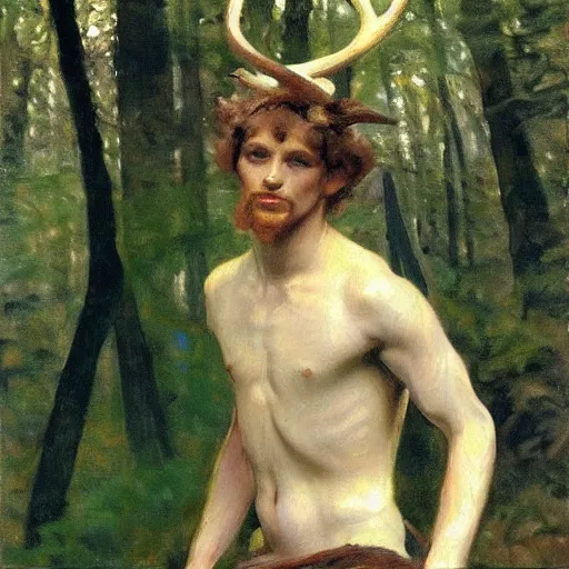 Prompt: closeup of a faun in a forest, painted by john singer sargent