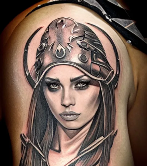 Image similar to tattoo design on white background of a hyper realistic beautiful girl warrior, hyper detailed, inspired by eliot kohek