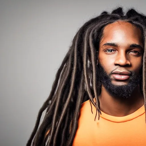 Prompt: young tall man with dark skin and long dreadlocks realistic photo HD