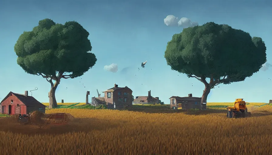 Image similar to gigantic cat next to the small house, wheat field harvesting, big tree, matte painting, art station, blue sky, simon stalenhag