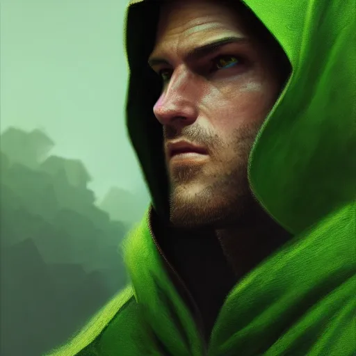 Prompt: portrait of a chad programmer with green hood by greg rutkowski, 4 k, close up