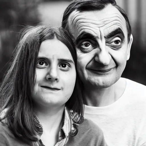 Image similar to A portrait mr bean elizabeth teams up with a teenage mr bean, perfect faces, 50 mm, award winning photography