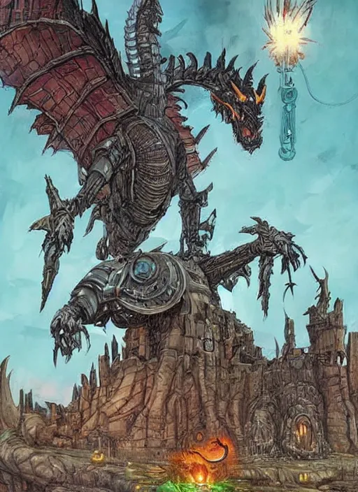 Prompt: detailed fantasy comic book drawing of a ( giant mechanical dragon ) over a ( stronghold castle ) by simon stalenhag, simon bisley!, jack kirby!!! and gris grimly, cinematic, epic, awesome color palette, hard contrast, ink outlines