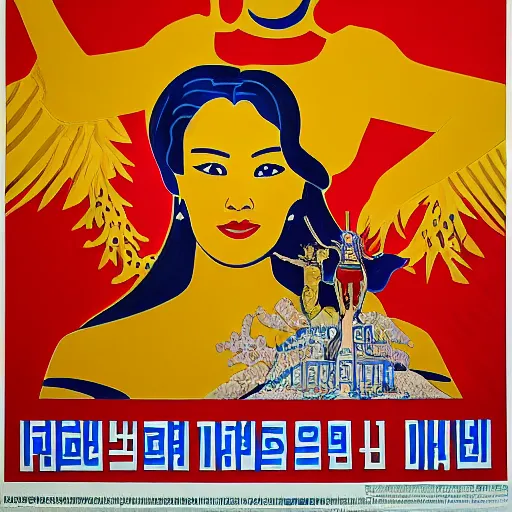 Prompt: portrait of a Colombian gold goddess, North Korean propaganda poster and Soviet propaganda poster and American propaganda poster