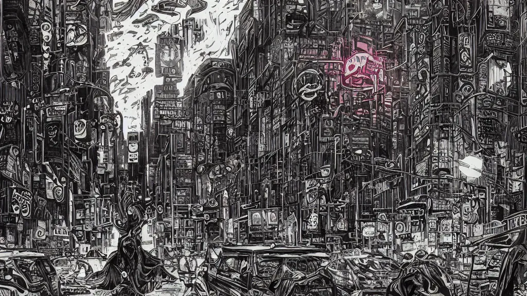 Prompt: cthulhu waiting to cross the busy road of a cyberpunk city by dan mumford